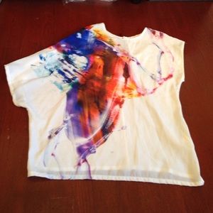 Watercolor top with asymmetrical sleeve